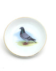 Small round dish with a pigeon illustration on a white background