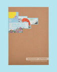Kraft paper Imaginary Authors box with a fox and flowers Fox in the Flowerbed label, on a pale blue background