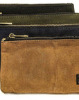 Black, olive, navy and tan zip pouches stacked with the Readywares label showing, on a white background