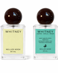 Front and back of the Whitney perfume bottle, pale yellow front label and teal back label listing jasmine, vanilla and woods