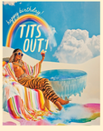 Person in tiger striped pants and rainbow towel by pool with 'happy birthday! TITS OUT!' text.