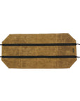 Firewood carrier laid flat, showing the tan waxed canvas body and black webbing handles