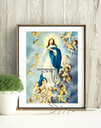Framed artwork of a religious figure with cherubs on a wooden wall.
