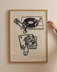 This piece of art celebrates the perfect night in. This unframed art print is a charming illustration of the ultimate combination: wine and vinyl. With its scribbley line texture, it has a wonderfully relaxed feel and modern aesthetic that’s a perfect addition to a living room, bar cart, or cozy reading nook. Perfect for wine lovers and foodies.