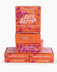 Stack of 'Date Better' and 'No Swiping Just Snacking' chocolate bar boxes on a white background
