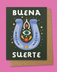 Ana Peake presents Spanish Greeting Cards to convey good luck! Sized A2, these cards are crafted from uncoated paper and feature a blank interior for personalized messages. Each card comes complete with a Kraft Brown Envelope and Plastic Sleeve for protection. Made in the U.S.A., these cards embody quality and cultural expression, making them perfect for various occasions.