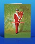 Card with a person in a red suit holding a large steak against a textured green background.