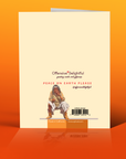 Greeting card with a character and 'Offensive Delightful' branding on an orange background