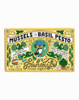 Packaging of mussels in basil pesto with decorative design and text.