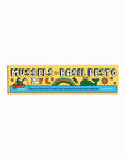 Colorful label for 'Mussels in Basil Pesto' with cartoon illustrations on a white background
