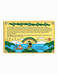 Decorative label with a colorful design featuring a rainbow, ship, and landscape on a white background.
