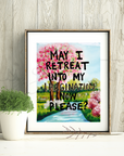 Framed artwork with a nature scene and text on a wooden wall.
