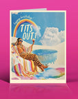 Birthday card with a person in a striped towel by a pool, rainbow, and 'happy birthday TITS OUT!' text on a pink background.