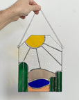 Handcrafted stained glass desertscape suncatcher. Stunning landscape window hanging & nature lover gift. Beautiful desert scene home decor.