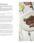 Recipe spread for rib eye with roasted garlic, with sliced steak and a whole garlic bulb on a white plate