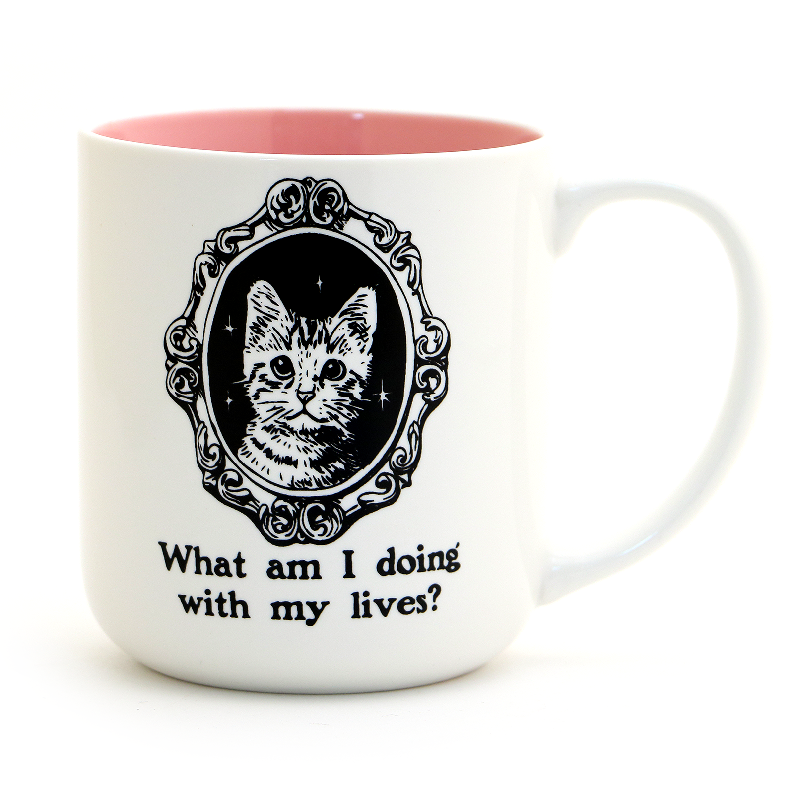 White mug with pink interior, cat illustration, and text on a white background