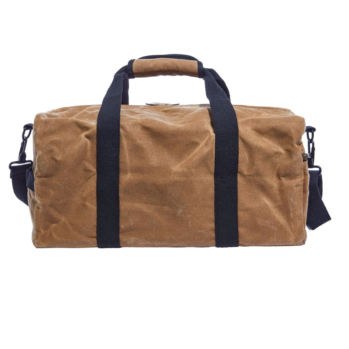 Back of the tan waxed canvas duffel bag with navy webbing handles