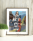 Framed artwork with a religious theme and text on a wooden wall.