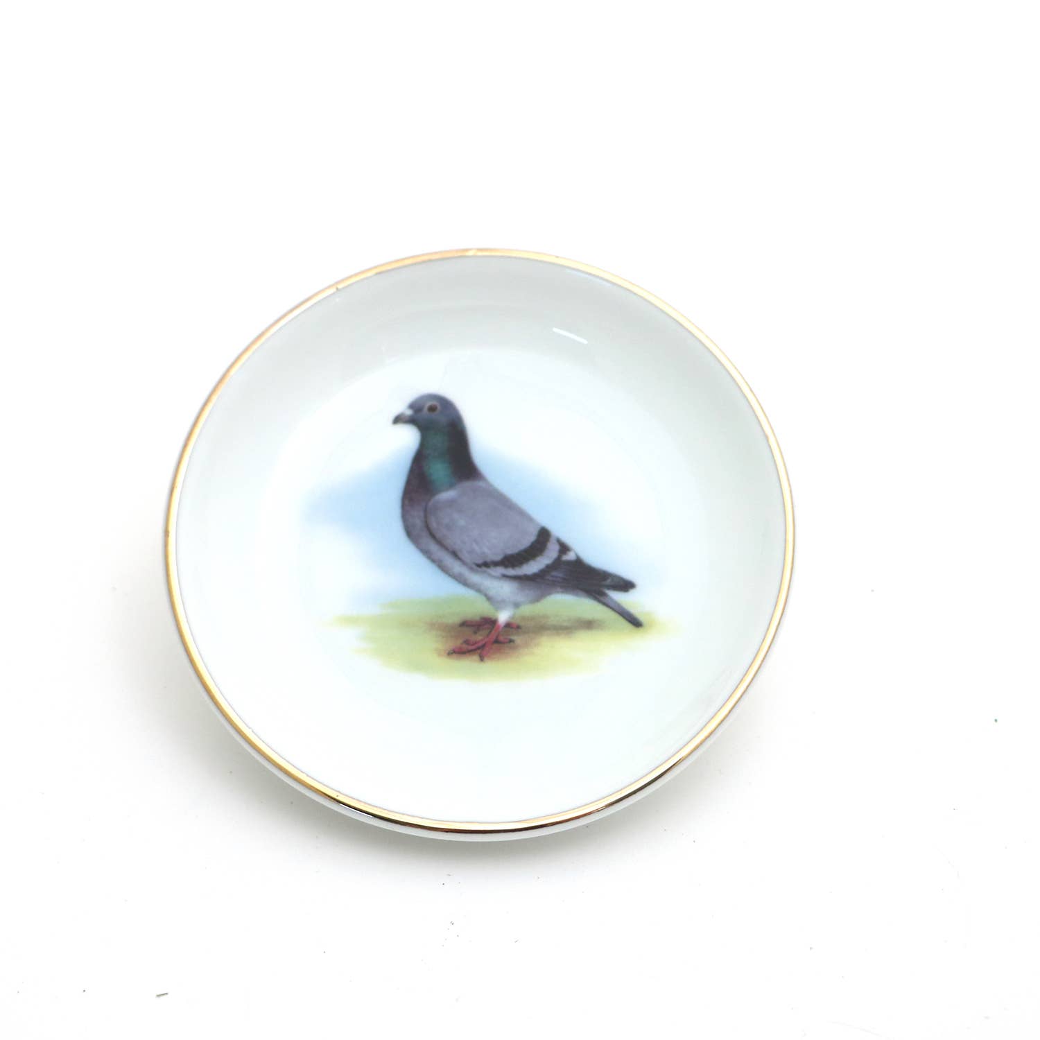 Small round dish with a pigeon illustration on a white background