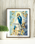 Framed artwork of a religious figure surrounded by cherubs on a wooden wall.