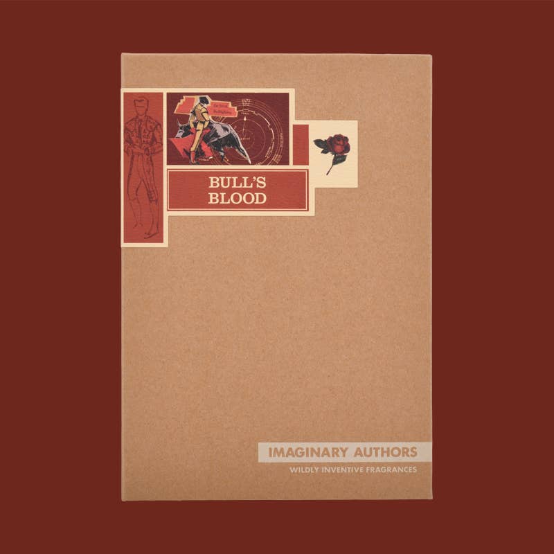 Kraft paper Imaginary Authors box with a red Bull's Blood label, on a dark brown background