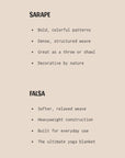 Compadre text graphic comparing Sarape and Falsa blanket styles