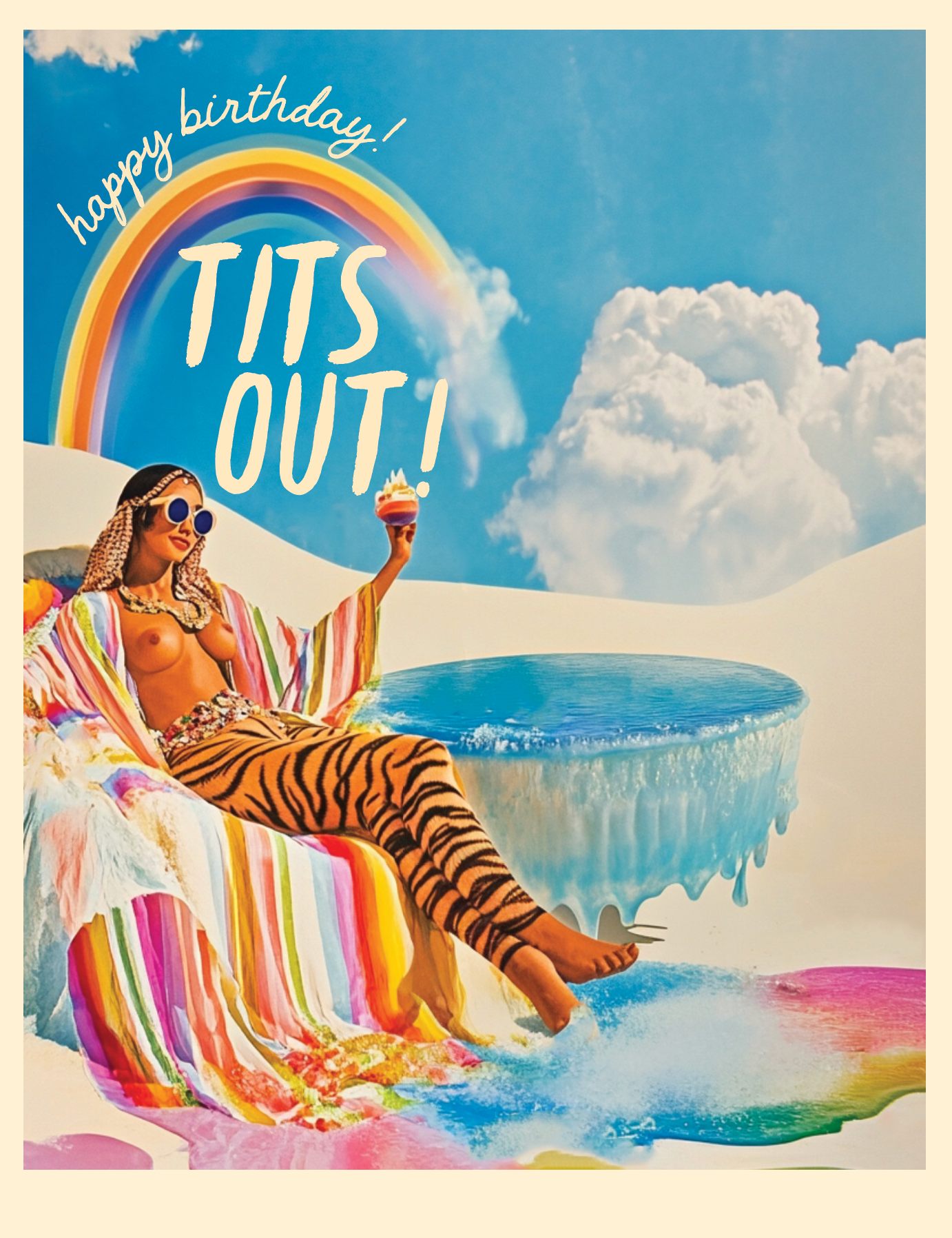 Person in tiger striped pants and rainbow towel by pool with 'happy birthday! TITS OUT!' text.