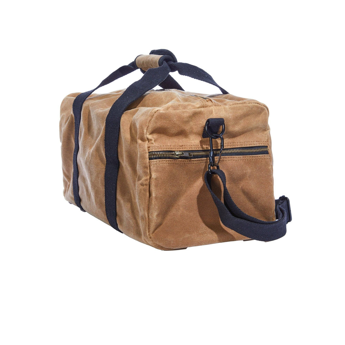 End of the tan waxed canvas duffel bag with a zip pocket and shoulder strap