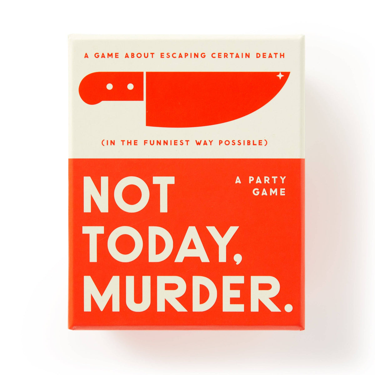 Front of the red and cream Not Today, Murder party game box