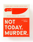 Front of the red and cream Not Today, Murder party game box