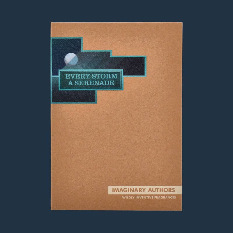Copper-colored Every Storm a Serenade box with a dark teal label on a navy background
