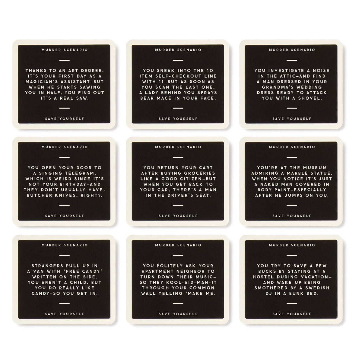 Grid of black scenario cards from the game