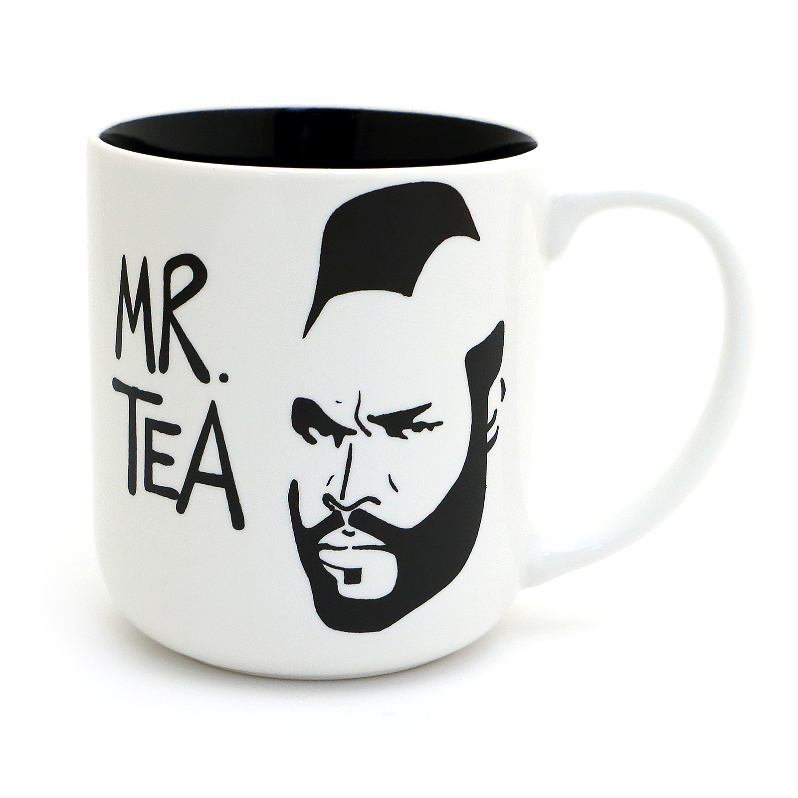 White mug with black interior, black and white graphic of a face, and 'MR. TEA' text on a white background