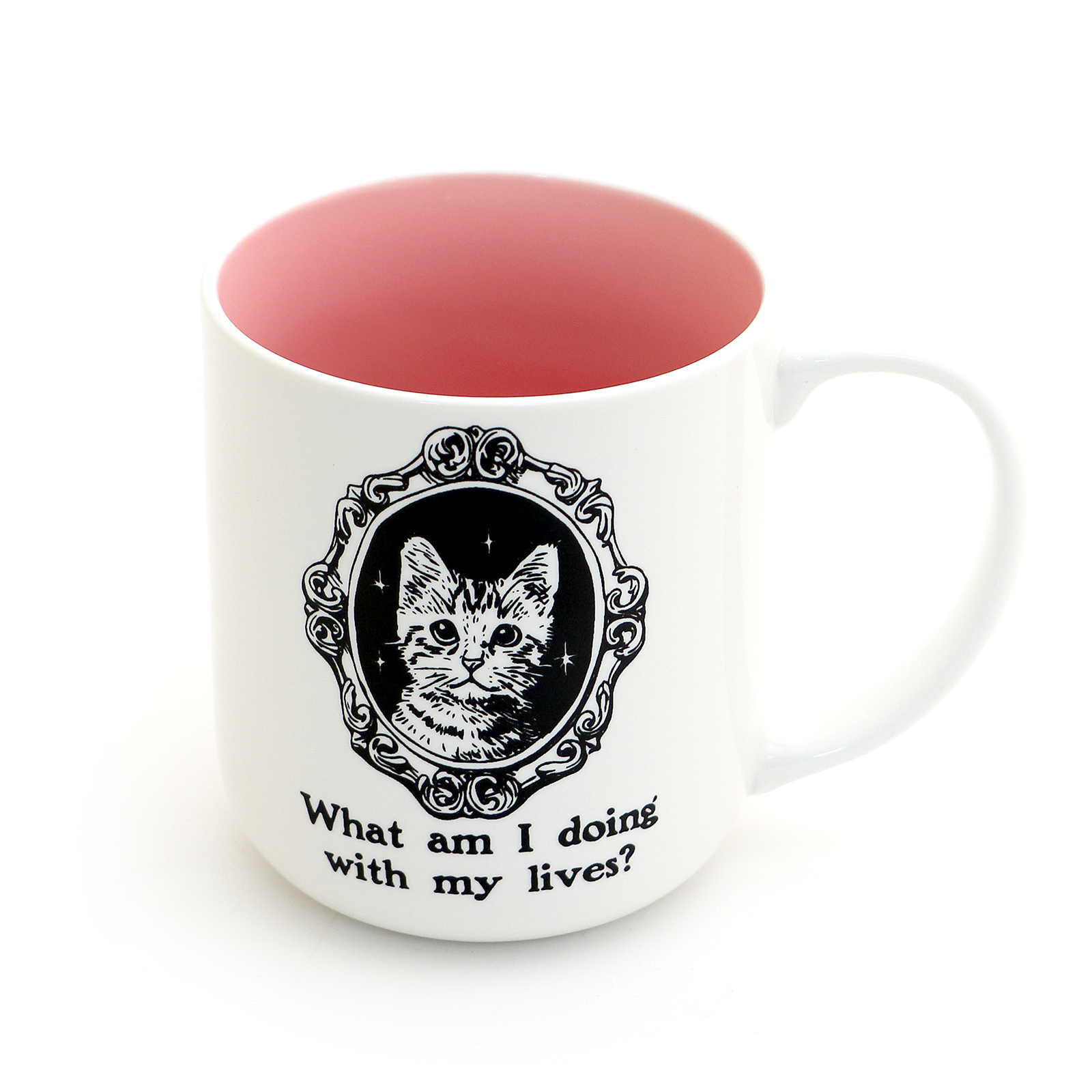 White mug with pink interior, cat illustration, and text on a white background