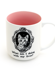 White mug with pink interior, cat illustration, and text on a white background