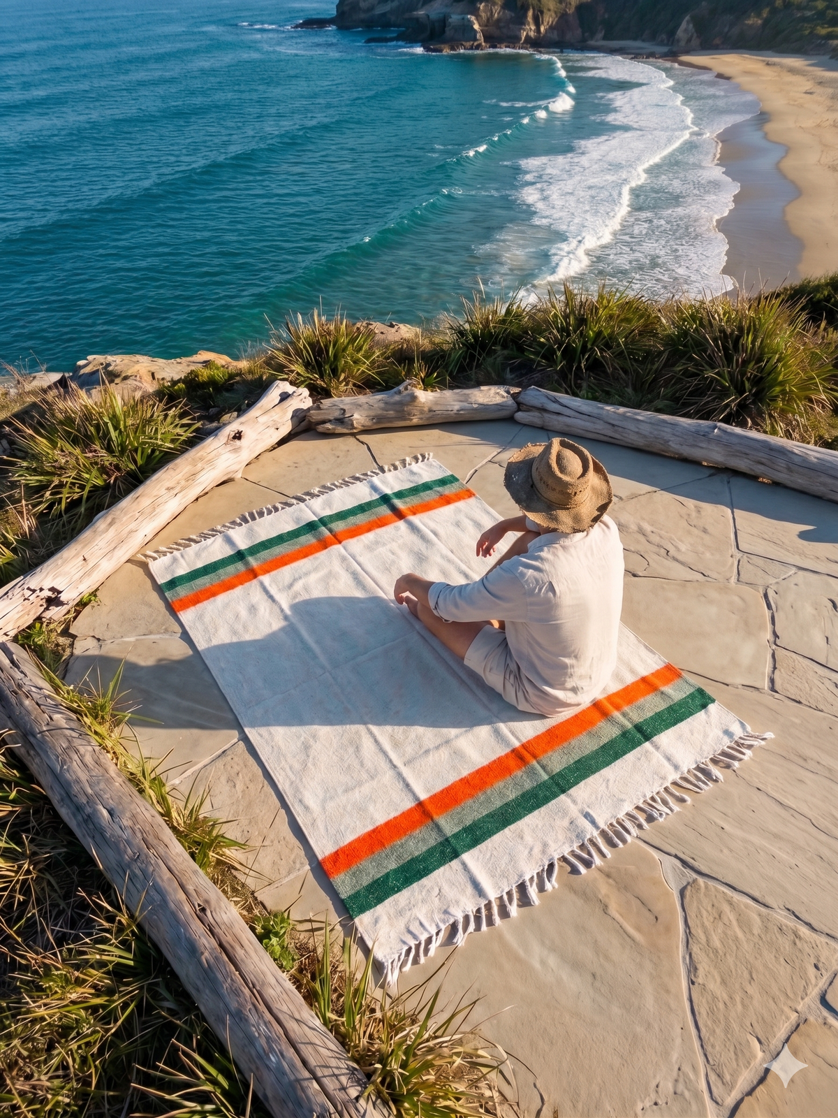 Person sitting on a cream striped blanket on a stone overlook above the ocean