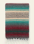 Falsa blanket in teal, tan and maroon stripes with a gray diamond band