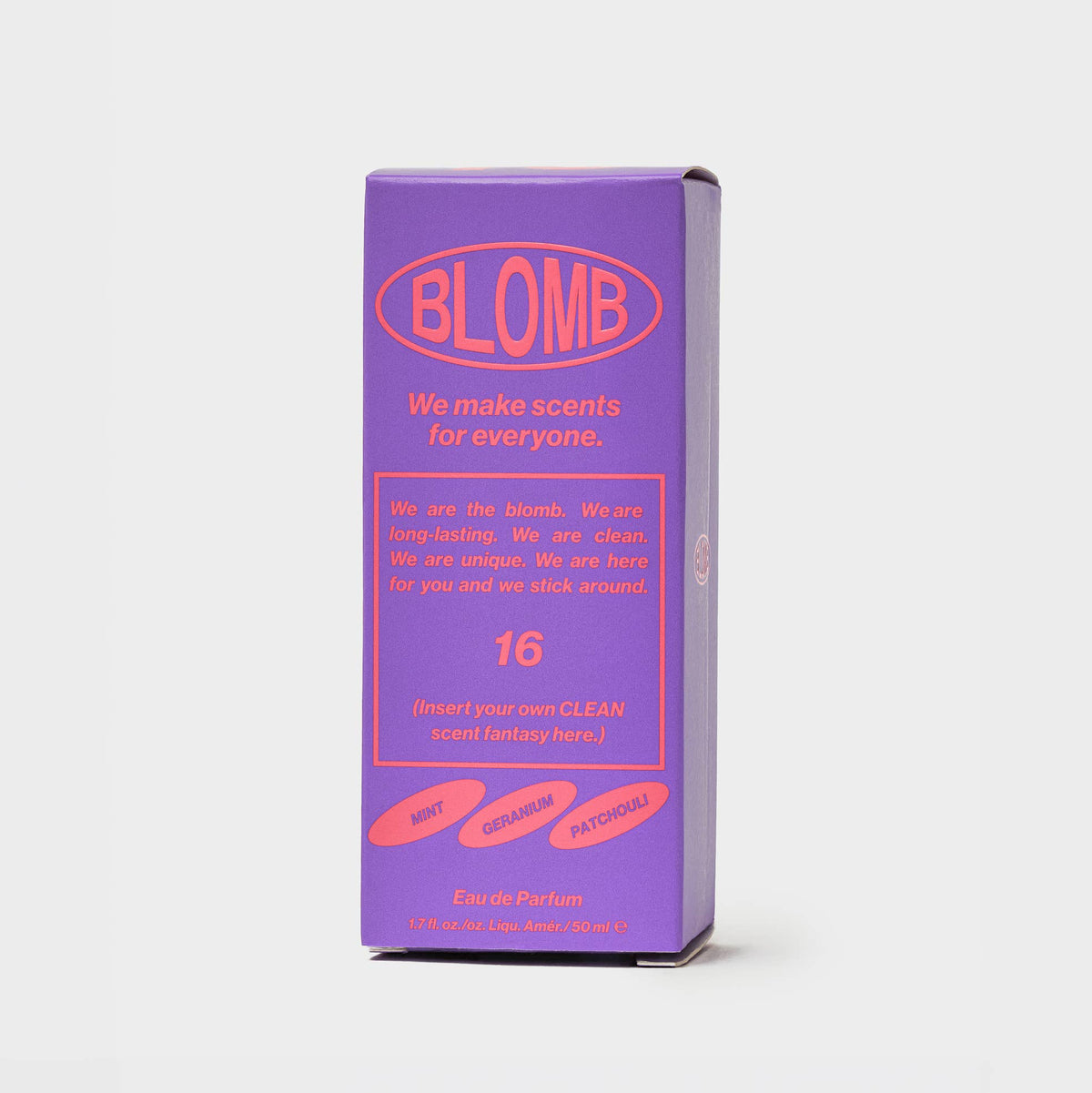 Purple Blomb No. 16 eau de parfum box on a gray background