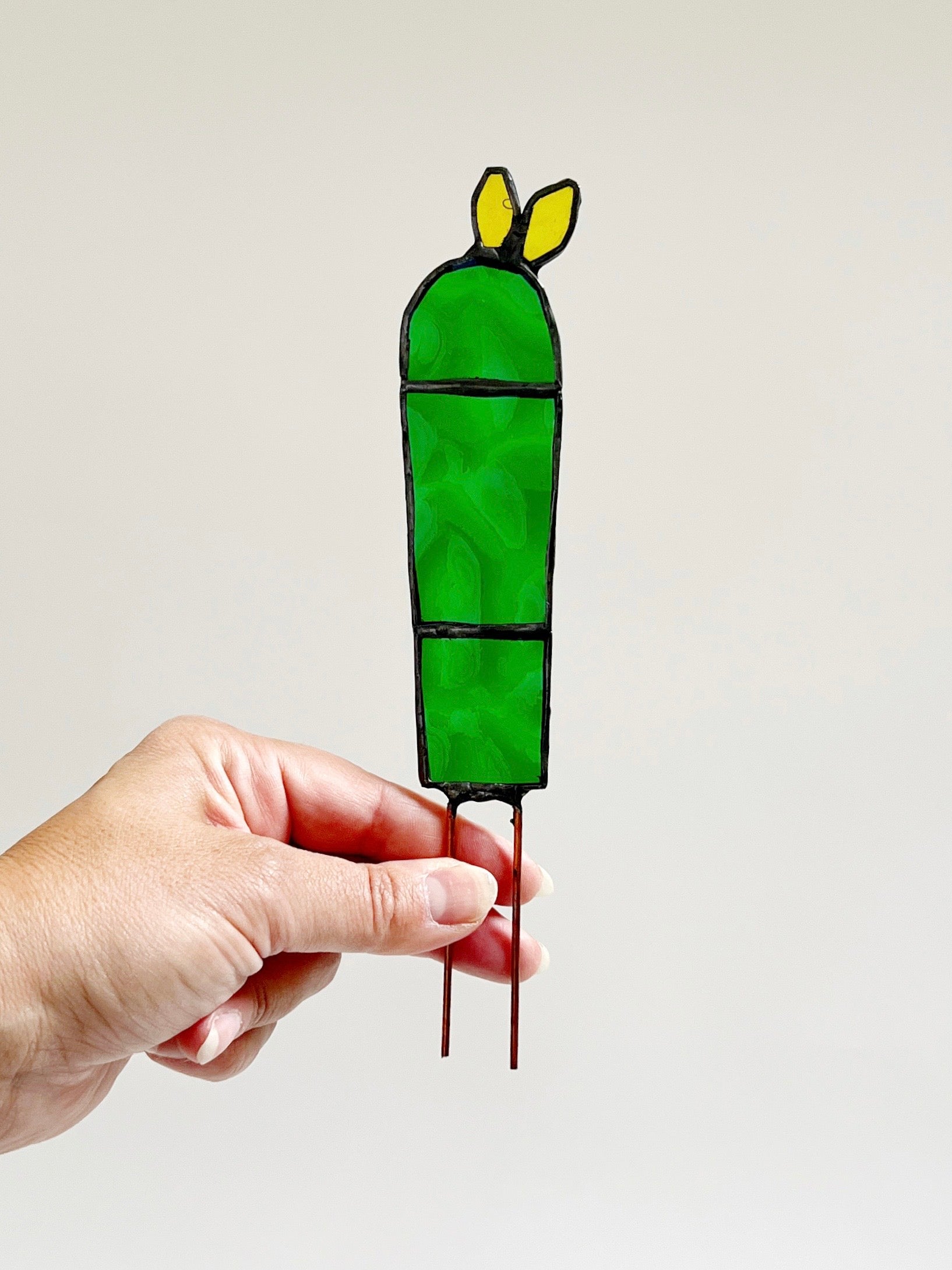 Stained Glass Plant Stake | Nopales Cactus with Yellow or Red Orange Prickly Pear.