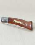 Wooden Cheetah Pocket Knife with a Damascus steel blade and brass cheetah inlay in the wood handle