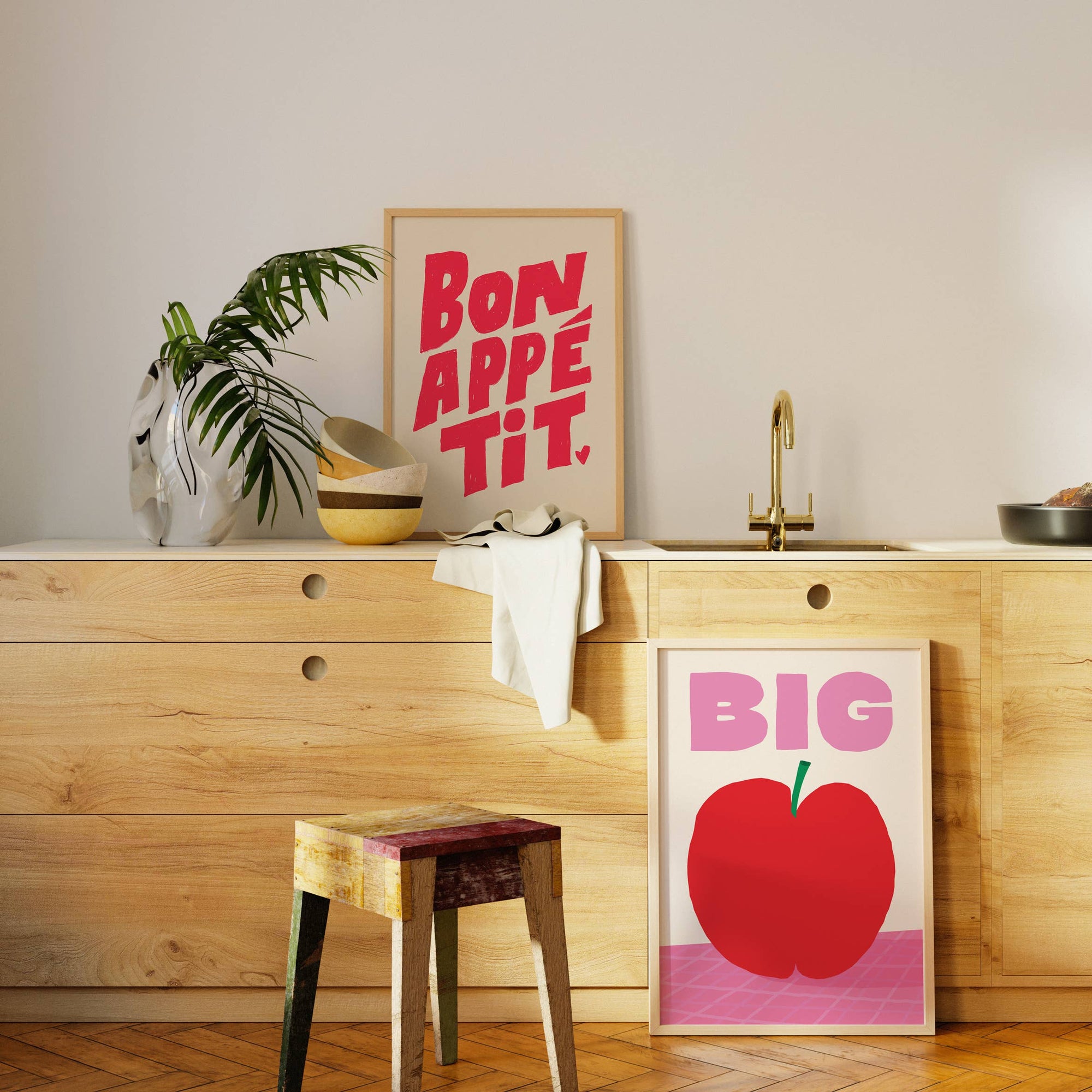 Add charm to your kitchen with this Bon Appétit art print. Hand-lettered in bold blue on a white background, it's a fresh and playful addition to any space.