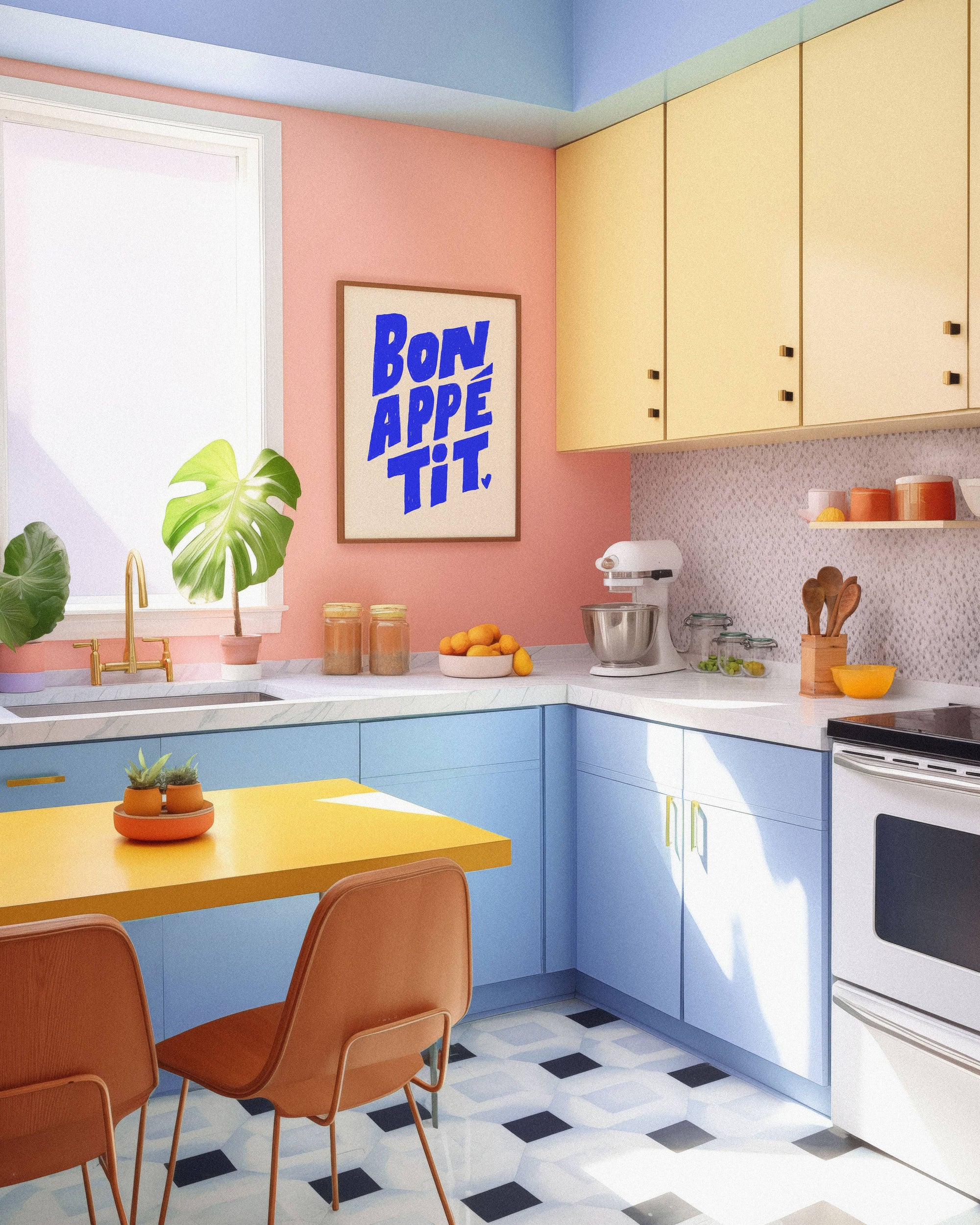 Add charm to your kitchen with this Bon Appétit art print. Hand-lettered in bold blue on a white background, it's a fresh and playful addition to any space.