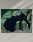 Dance the night away with this stunning art print of a young woman lounging after a dance. The contrast of her dark dress against the crazy comfy looking green couch makes for a striking artwork for any room. Perfect for adding a touch of elegance and whimsy to your home decor.&nbsp;