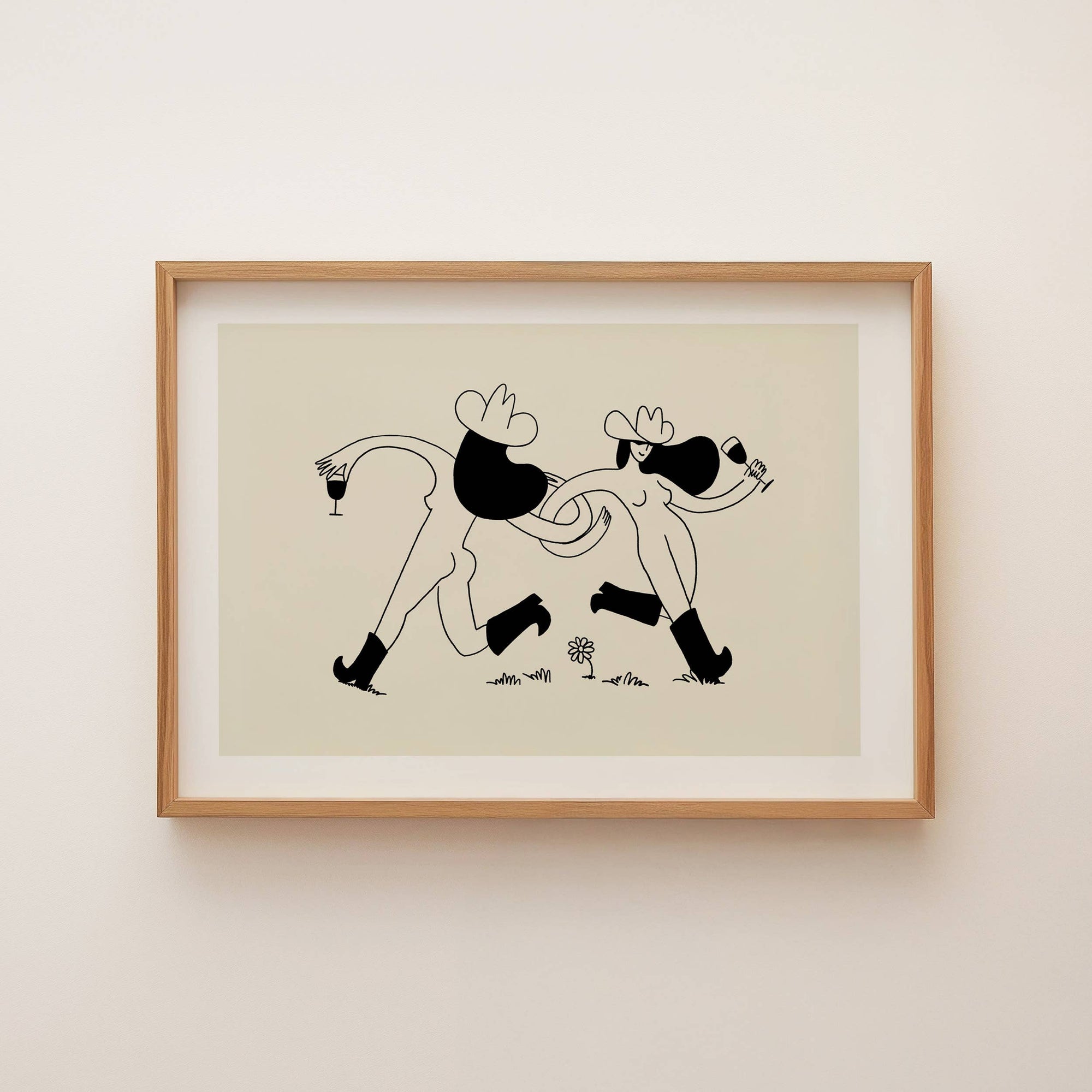 Bring the joy of a carefree spring day to your walls with this unframed art print. Two cowgirls wander through a vibrant field of flowers, wine in hand, captured in a whimsical, sketchy style with playful imperfections. This minimal Western art print adds a lighthearted, free-spirited touch to any home decor collection, making it a perfect choice for living rooms, kitchens, or cozy nooks.