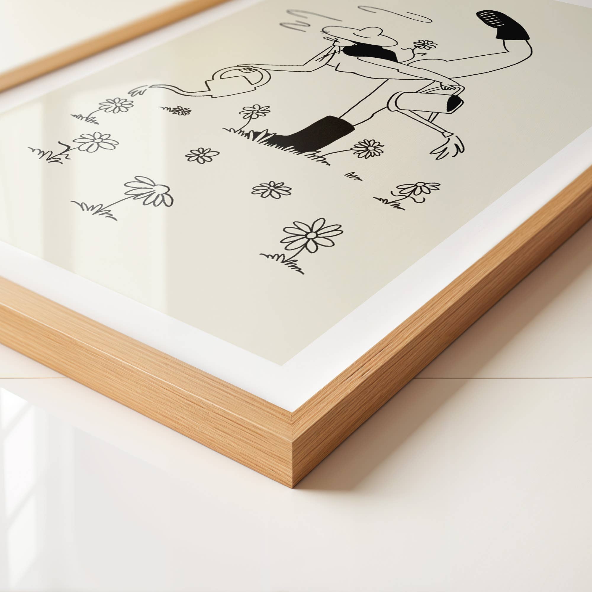 Framed black and white illustration of a deer on a beige background