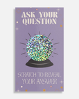 Greeting card with a glittery crystal ball and text on a purple background