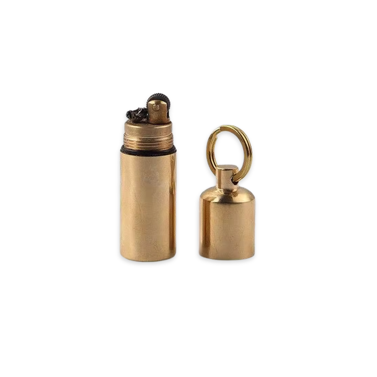 A tiny but mighty brass keychain lighter that's ready for whatever you throw at it. The waterproof screw-top cap keeps your flame protected from the elements, while the compact cylinder design clips right onto your keys so it's always within reach. Refillable with standard lighter fluid, this is the kind of reliable everyday carry lighter you'll wonder how you lived without.