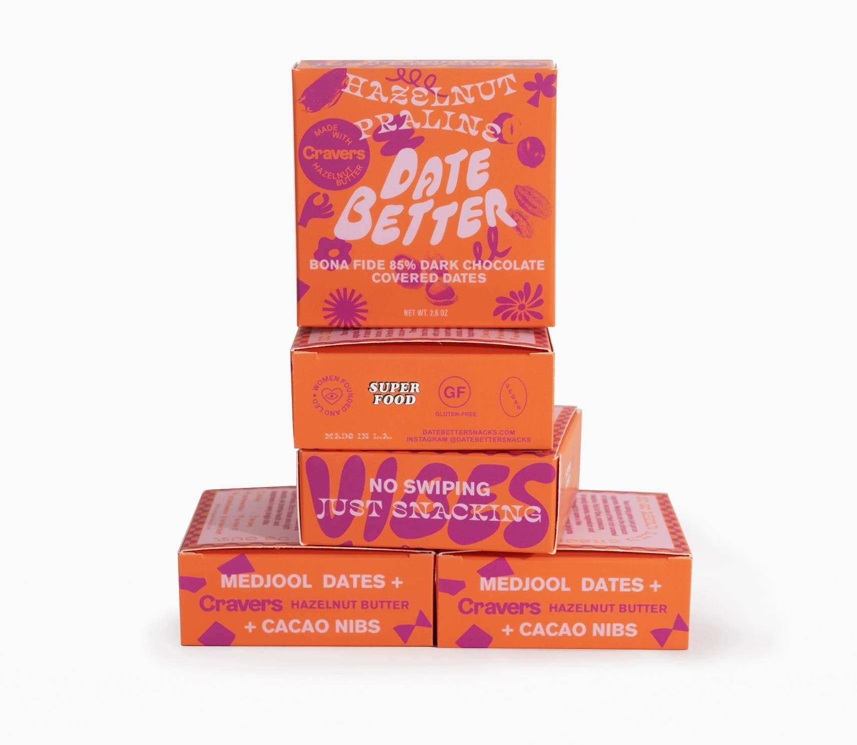 Stack of 'Date Better' and 'No Swiping Just Snacking' chocolate bar boxes on a white background