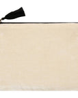 Beige pouch with a black zipper and tassel on a white background