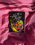 Colorful birthday card with cartoon characters on a pink fabric background